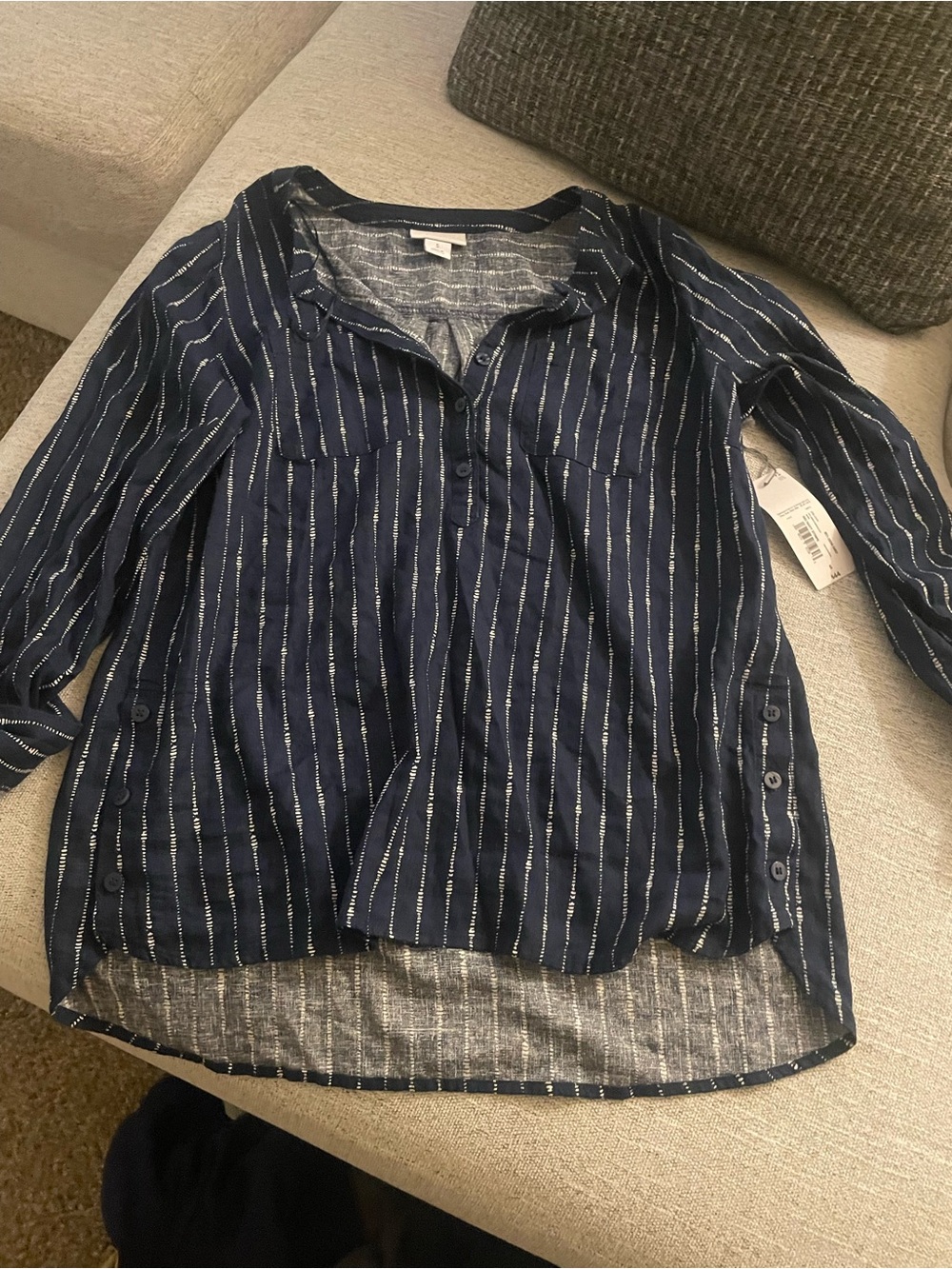 Liz Claiborne Navy and White Striped Button-Down Shirt